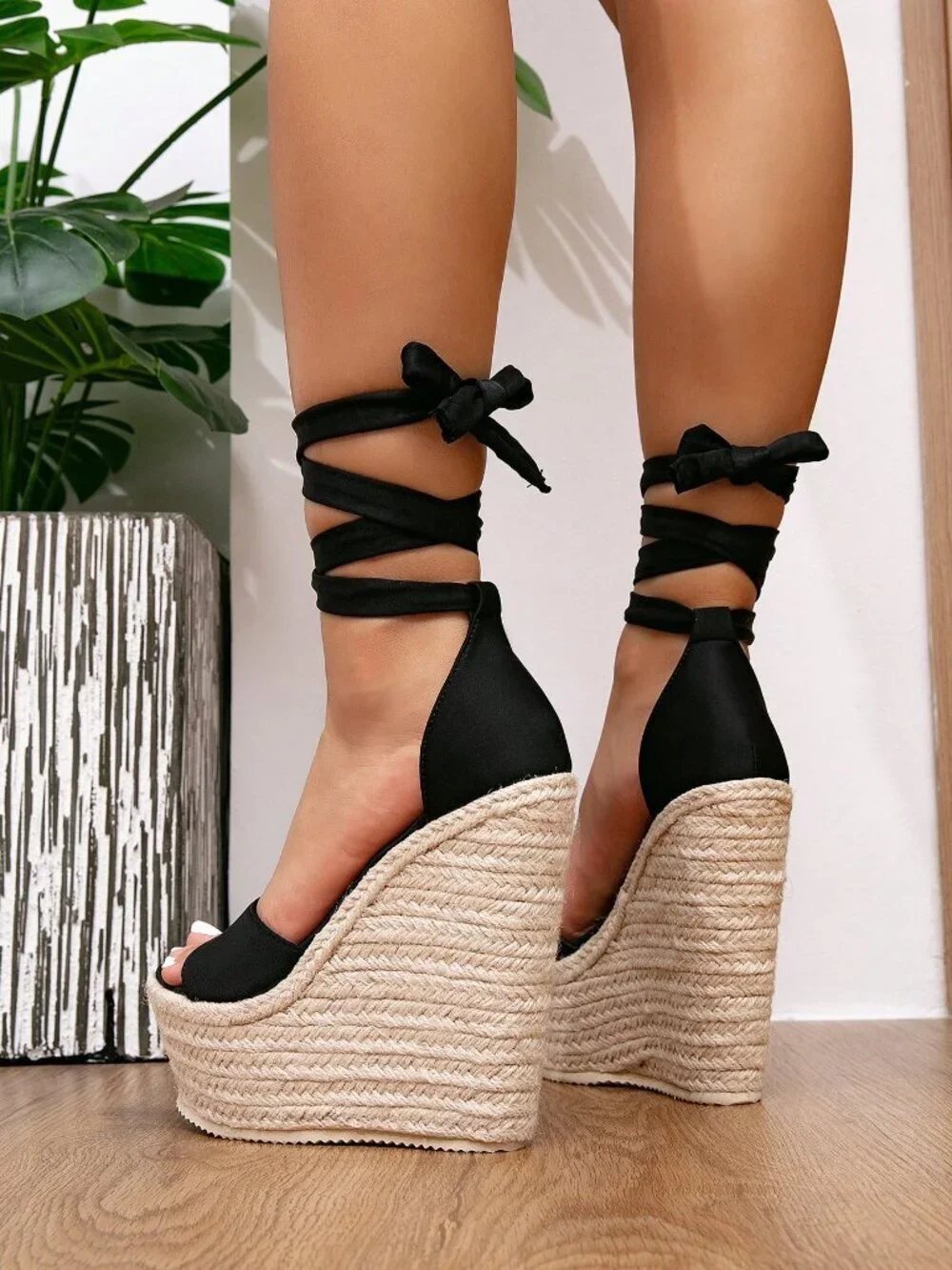 Black Casual Women's Open Toe Wedge Platform Heels - Picture 4 of 6
